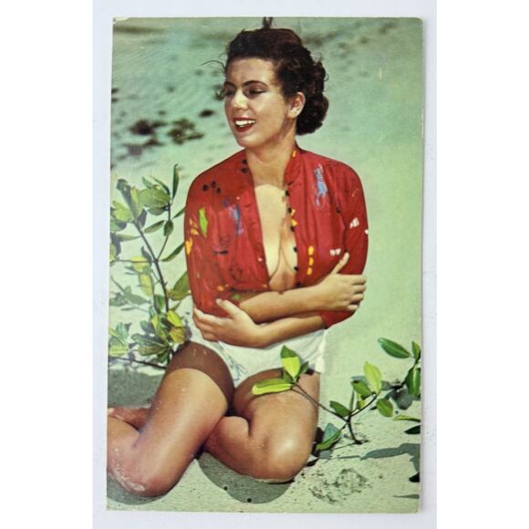Other - Pinup Risqué Girl Bathing Suit Beach Red Shirt 1950s Brunette Postcard T63